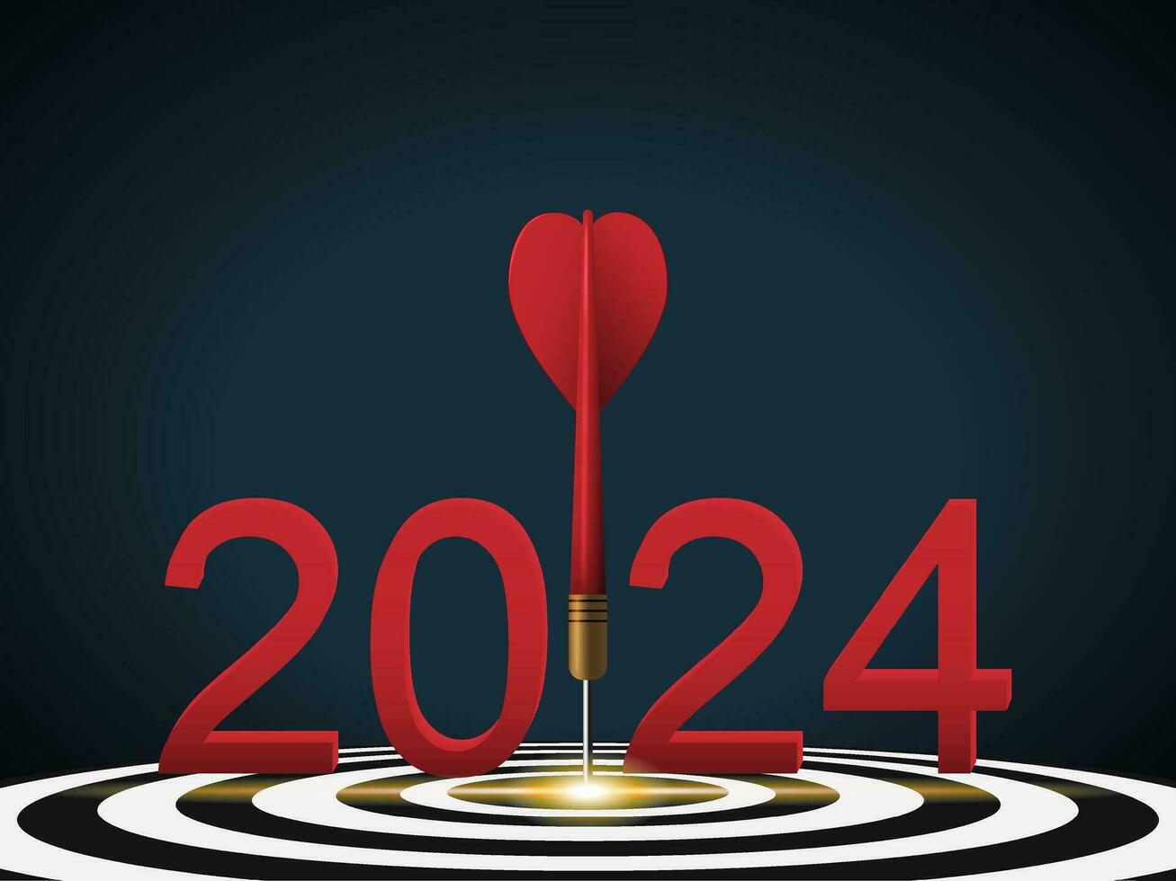 Red dart hit to center of dartboard between number. 2024 New Year with 3d target and goals. Arrow on bullseye in target for new year 2023. Business success, strategy, achievement, purpose concept vector