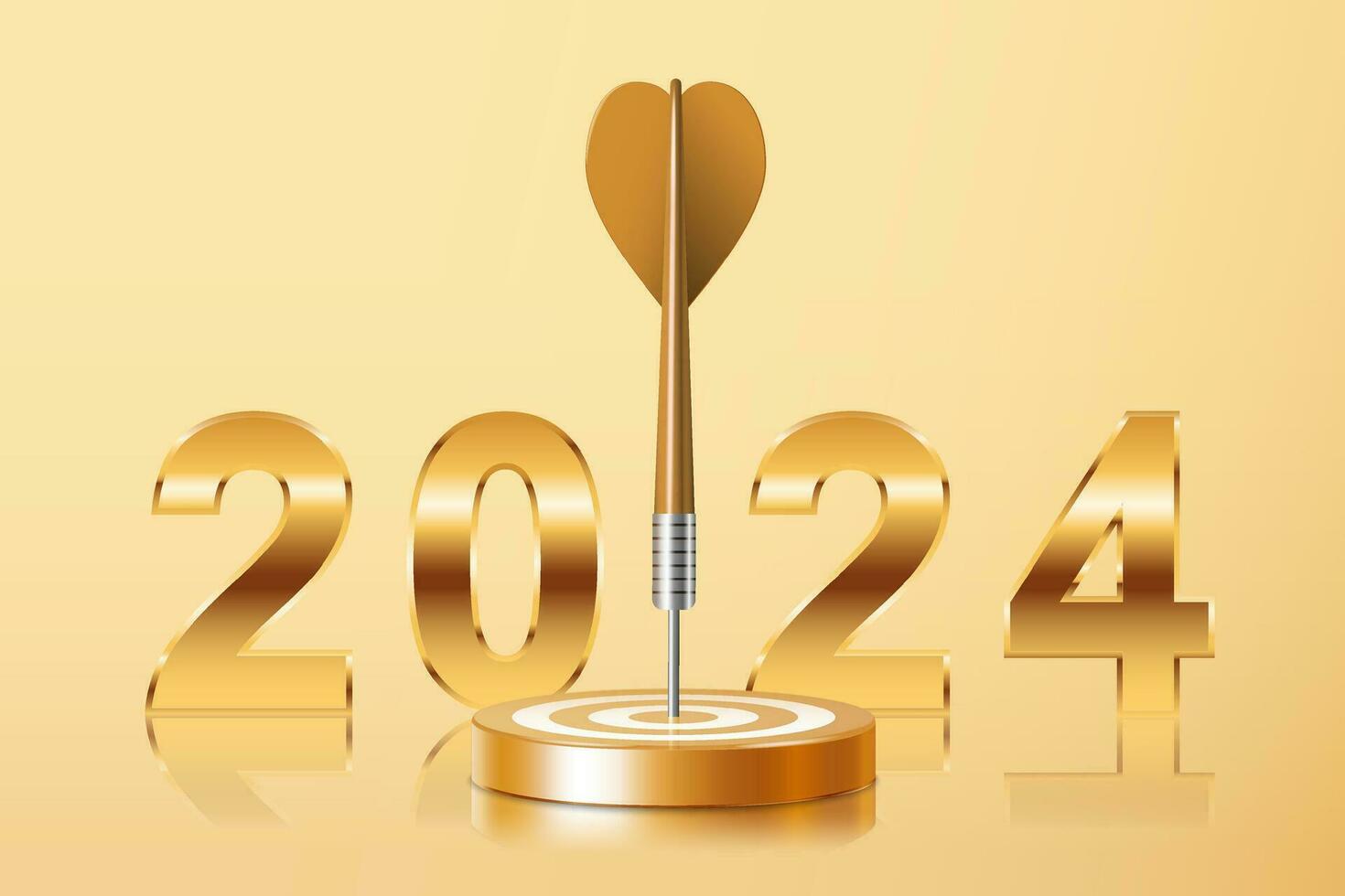 2024 golden alphabet number with 3d gold dart hit to center of dartboard. Arrow on bullseye in target. Business investment goal, idea challenge, objective strategy, year focus concept illustration vector