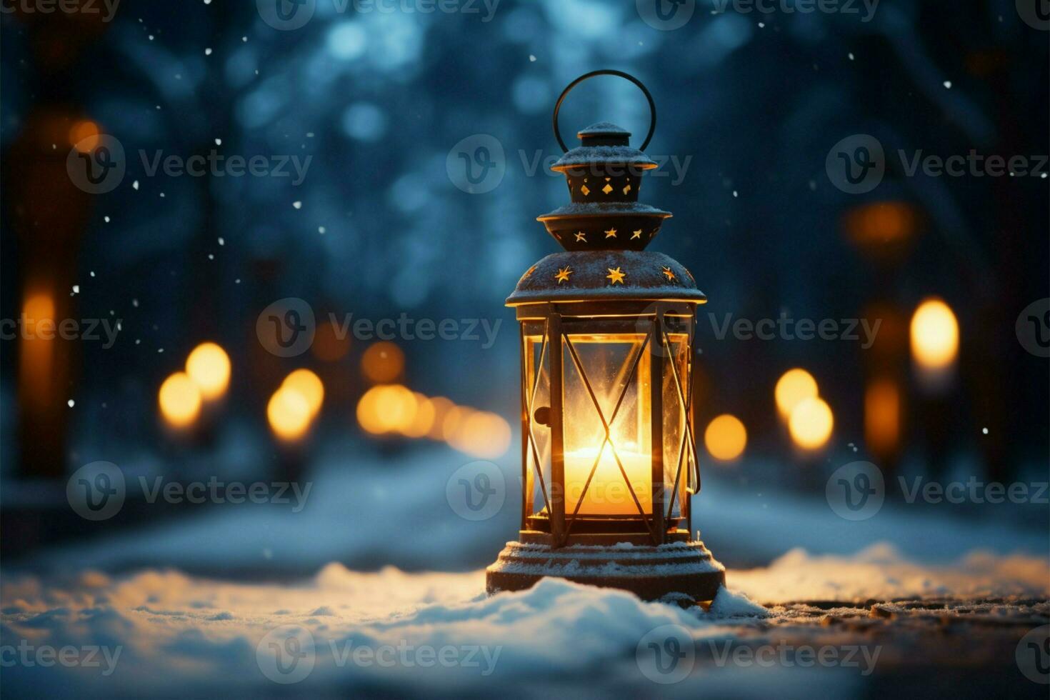 AI generated Burning Glowing lantern in winter snow Beautiful winter background AI Generated photo