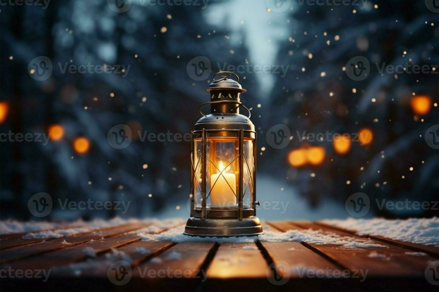 ai generado ardiente brillante linterna en invierno nieve hermosa invierno antecedentes ai generado foto