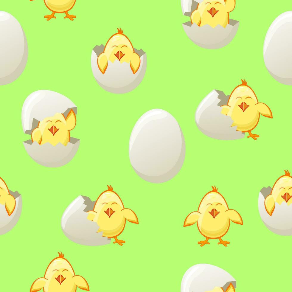 Seamless pattern with Easter eggs and chicks on green background vector