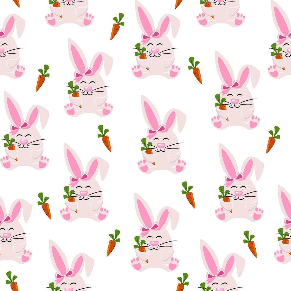 contento Pascua de Resurrección, dibujos animados Conejo con zanahoria. plano dibujos animados estilo. vector