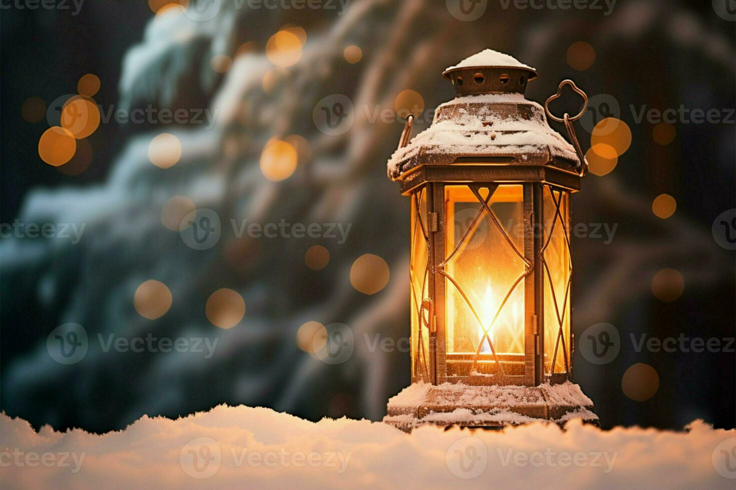 AI generated Burning Glowing lantern in winter snow Beautiful winter background AI Generated photo
