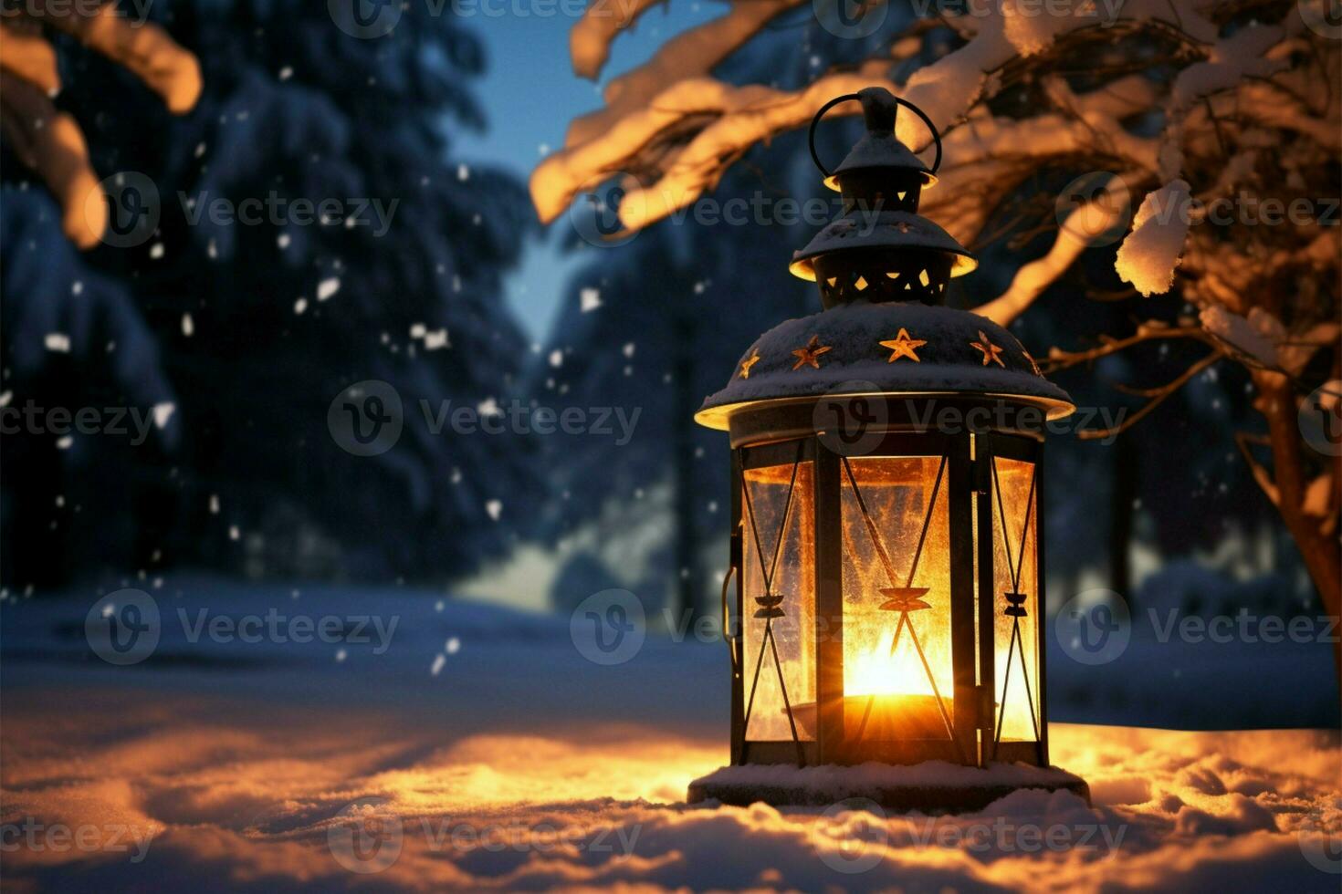 AI generated Burning Glowing lantern in winter snow Beautiful winter background AI Generated photo