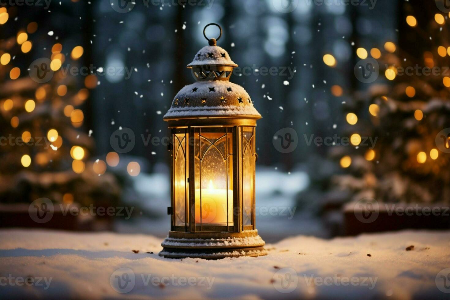 AI generated Burning Glowing lantern in winter snow Beautiful winter background AI Generated photo