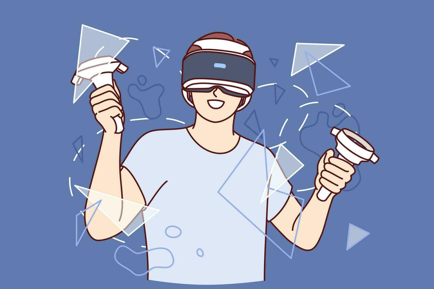Guy with virtual reality headset on face, holds joysticks for video games and stands among rendered broken glass. Teenager boy uses vr glasses and studies virtual or augmented reality technologies vector