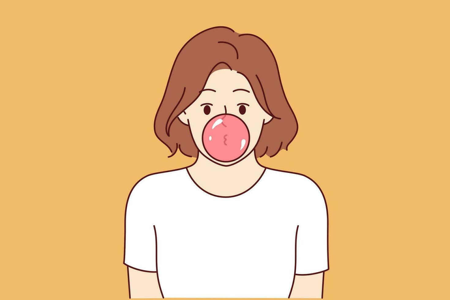 Woman inflates bubble of bubblegum and looks at screen, for concept idleness and indifference. Girl chews delicious bubblegum and is idle because of laziness or lack of motivation for self-development vector