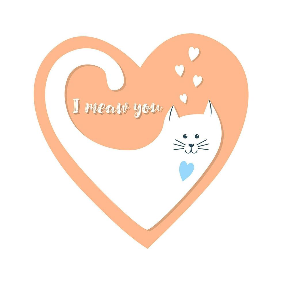 Valentines Day heart with white Cat, 2024 Peach Fuzz color trend, element design for lovers. Greeting card. vector