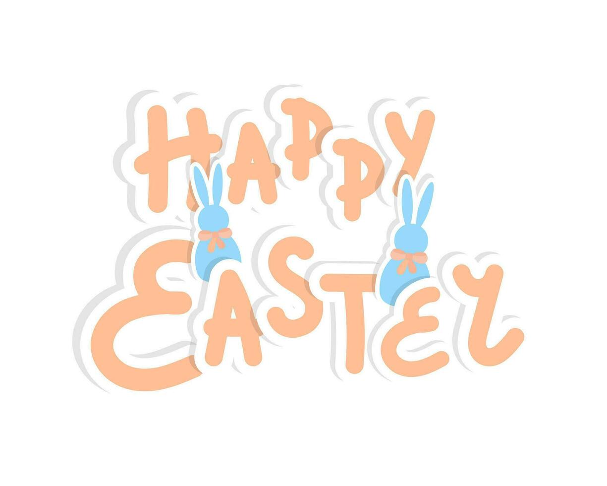 Happy Easter lettering stickers in peach fuzz color trend 2024 with blue bunny, isolated, white background. vector