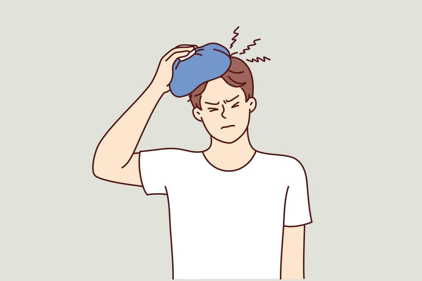 Man suffers from hangover and applies ice pack to head, feeling headache after alcohol party. Sick young guy with hangover needs medicine to help get rid of migraine caused by drinking. vector