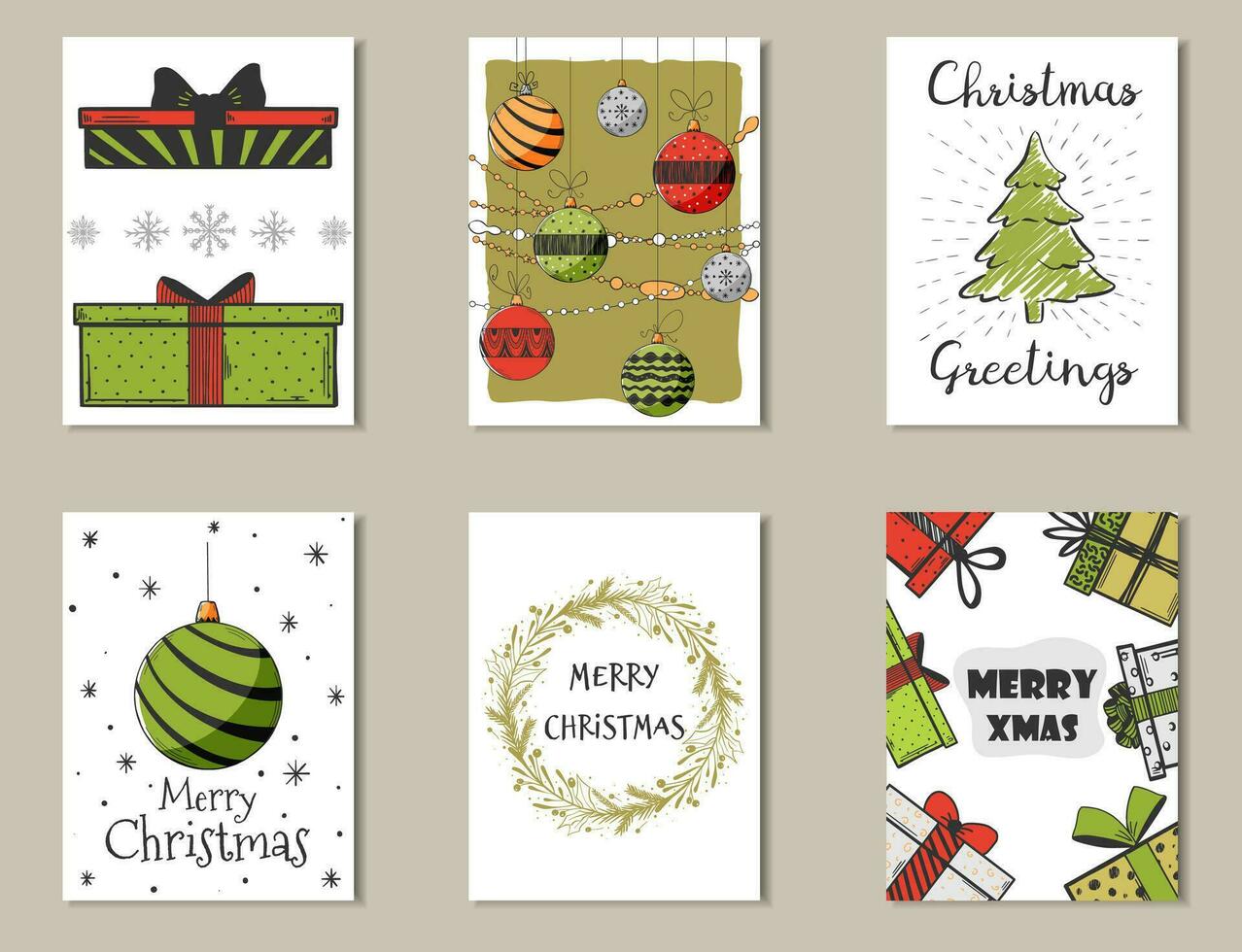 Christmas hand drawn card set. Doodle vector illustration.