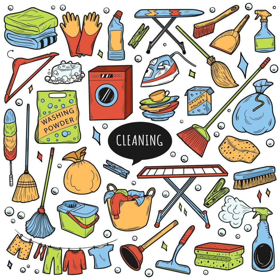 Hand drawn color set of cleaning equipments, sponge, spray, broom, bucket. Doodle sketch style. Clean Tools Banner Hand drawn Line art style. Illustration for icon, frame, background. vector