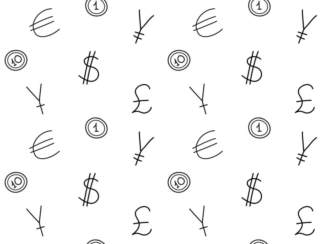 seamless black and white money doodle pattern with currencies, money of different countries vector