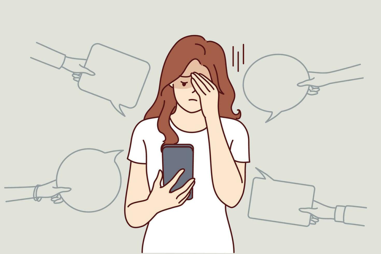 trastornado mujer con teléfono sufre desde intimidación y odio en social redes, recepción ofensiva mensajes y comentarios adolescente niña es víctima de Internet intimidación y discriminación desde compañeros de clase vector