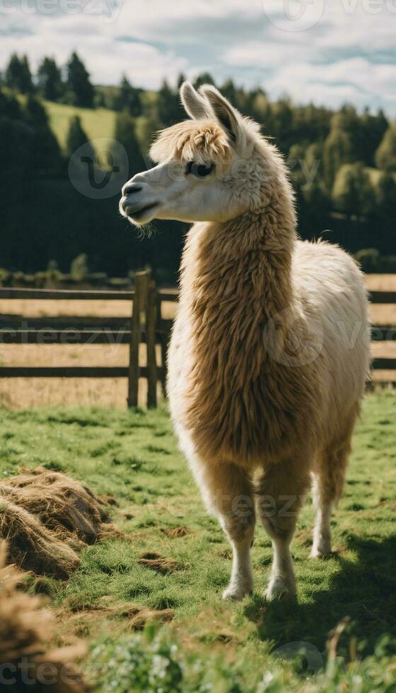 ai generado llamativo paisajes abrazando el llama drama en el granja foto