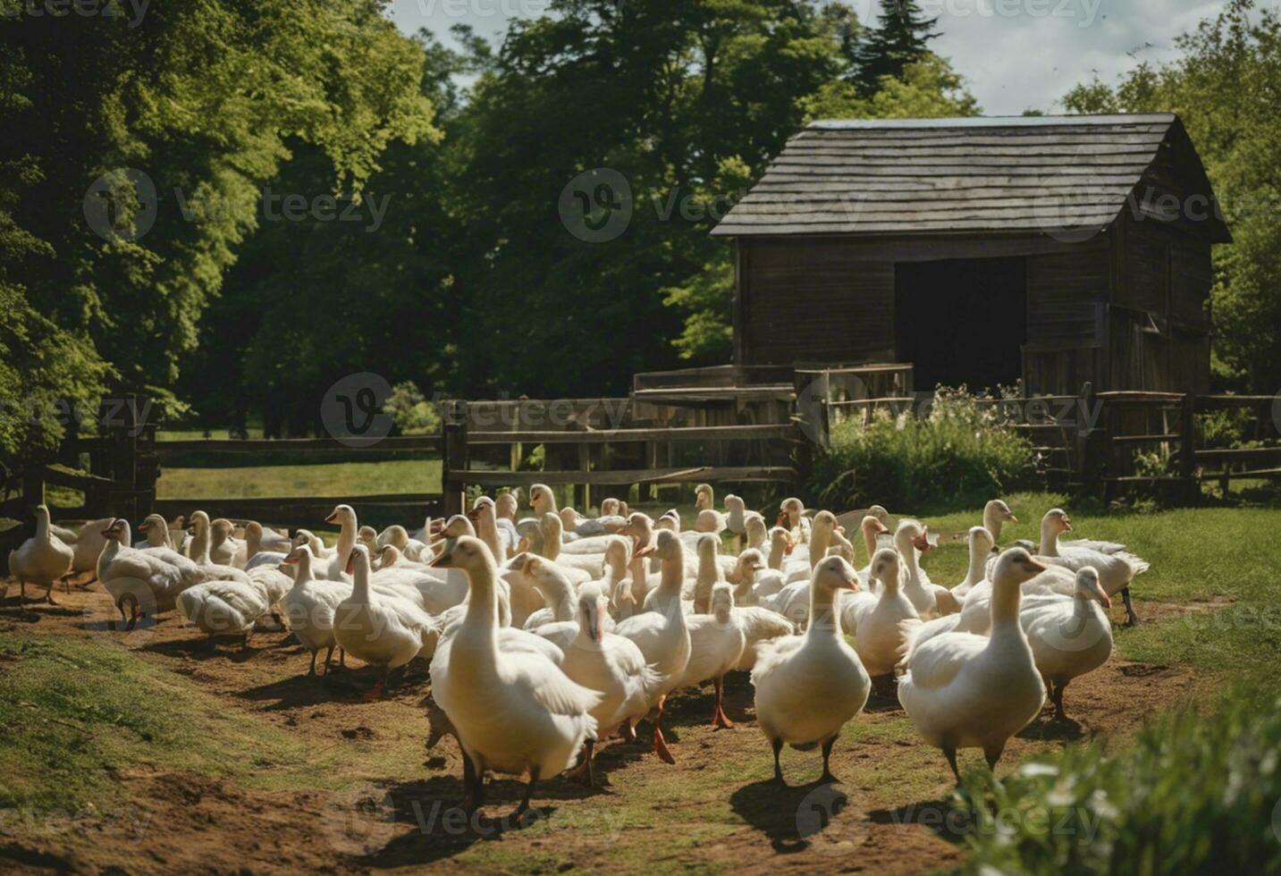 ai generado agraciado gansos un sereno retrato de estanque vida en el granja foto