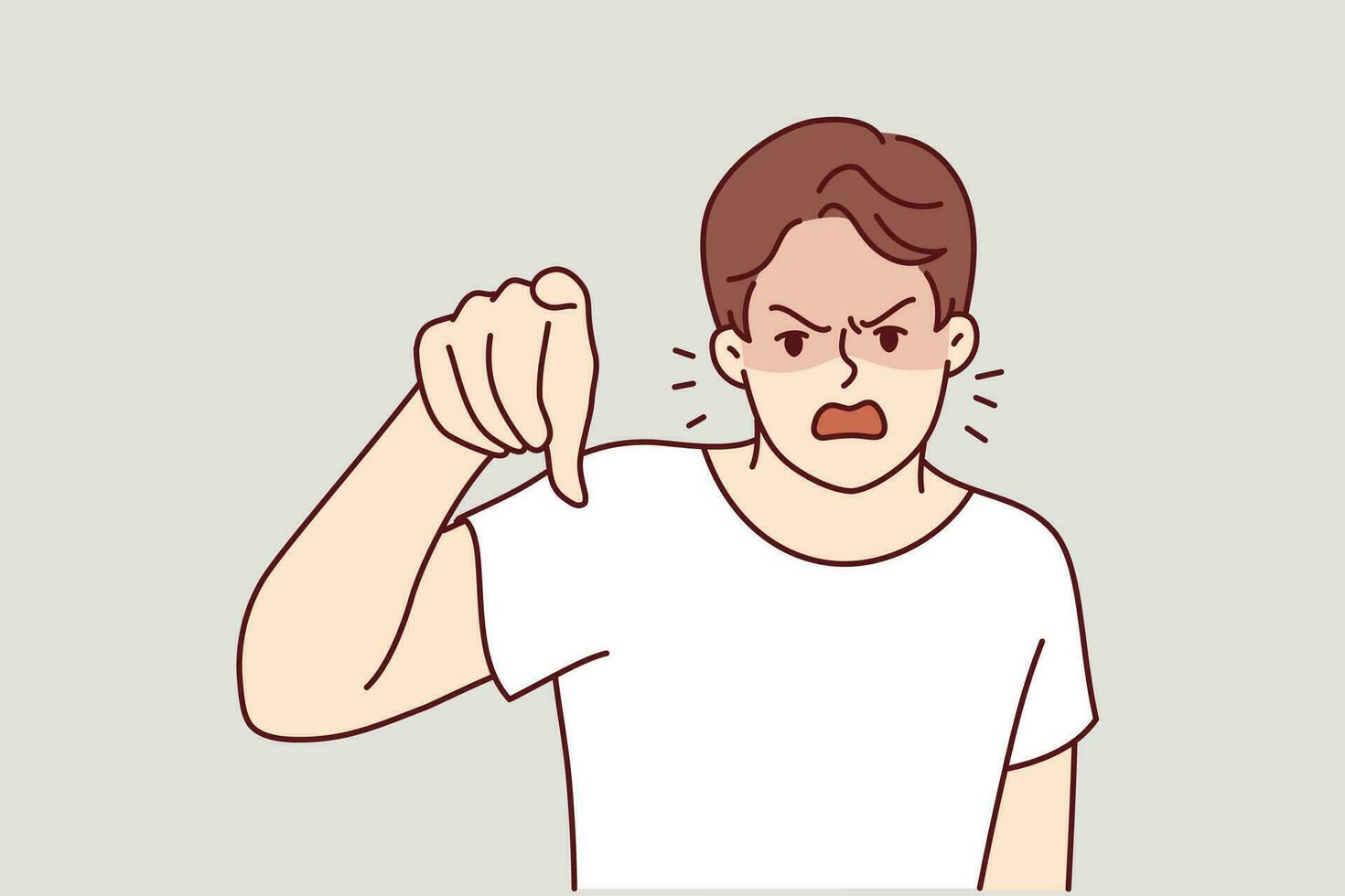 Angry man points finger at screen and screams furiously, blaming you for problems and urging to apologize. Angry guy is having nervous breakdown or trying to find someone to blame for own failures vector