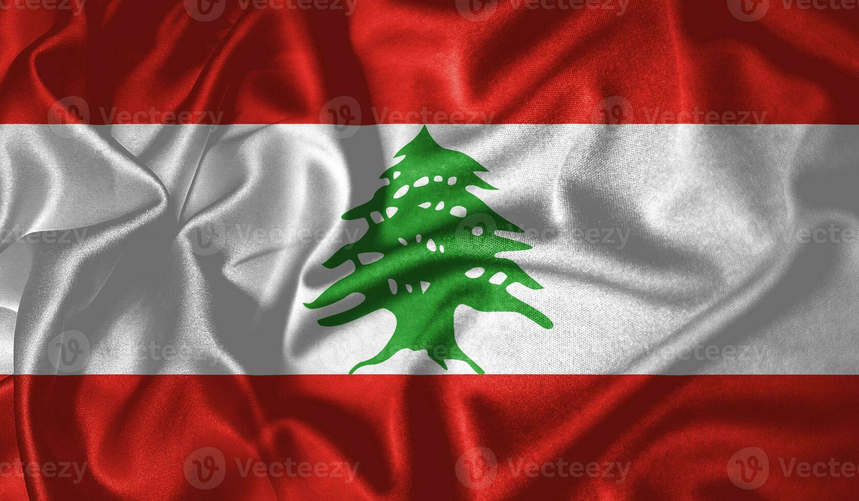 Lebanon flag waving fluttering in the wind with realistic texture fabric silk satin background photo