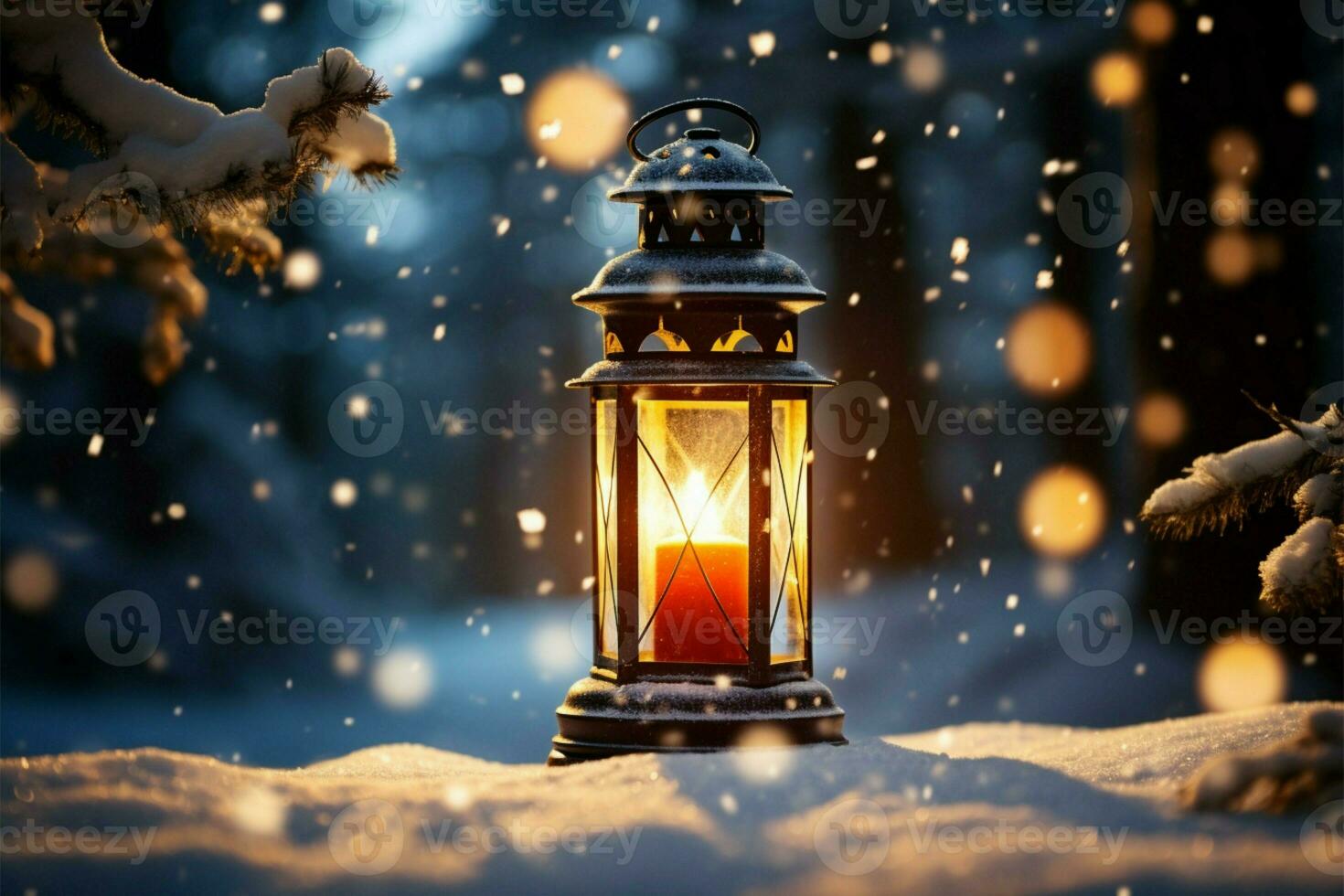 AI generated Burning Glowing lantern in winter snow Beautiful winter background AI Generated photo