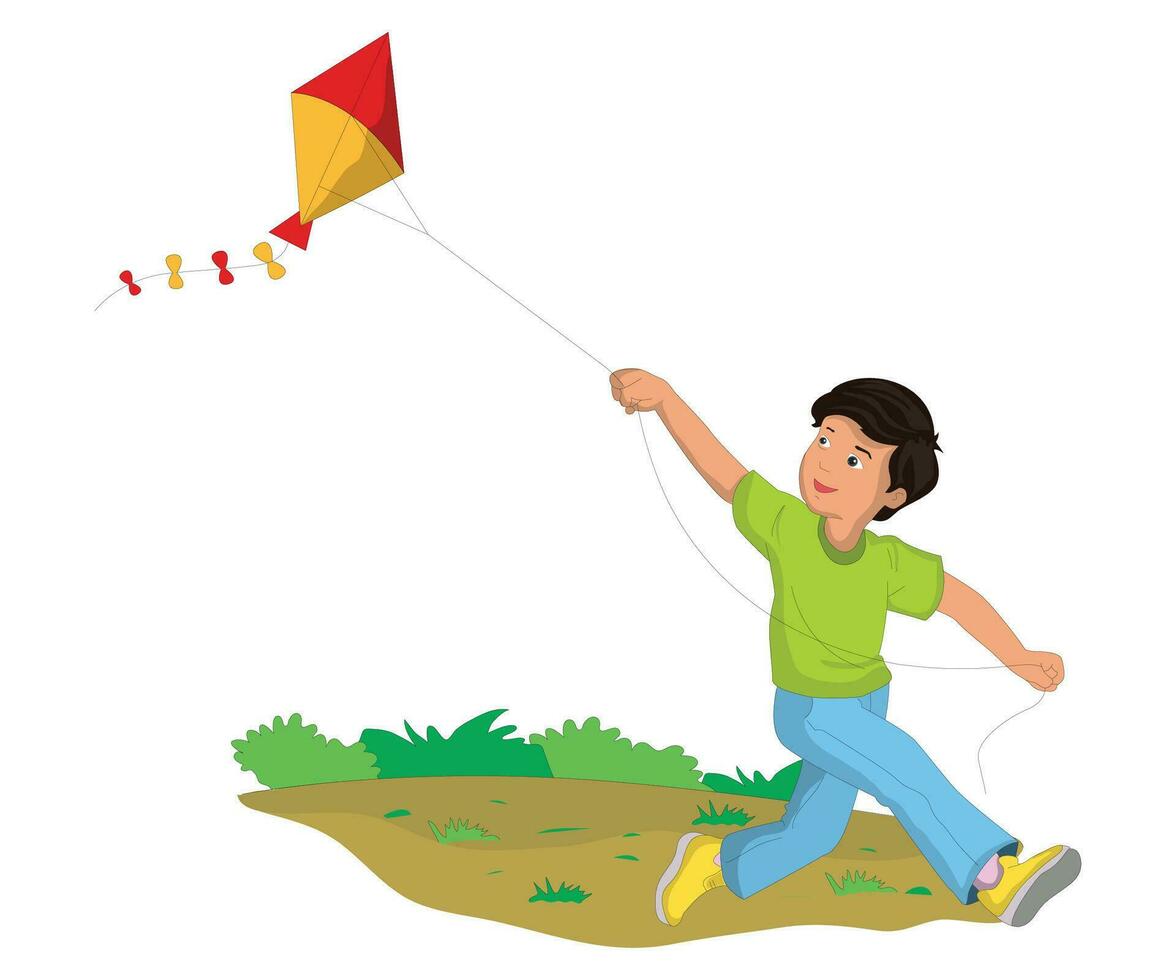 Front view of boy flying kite vector