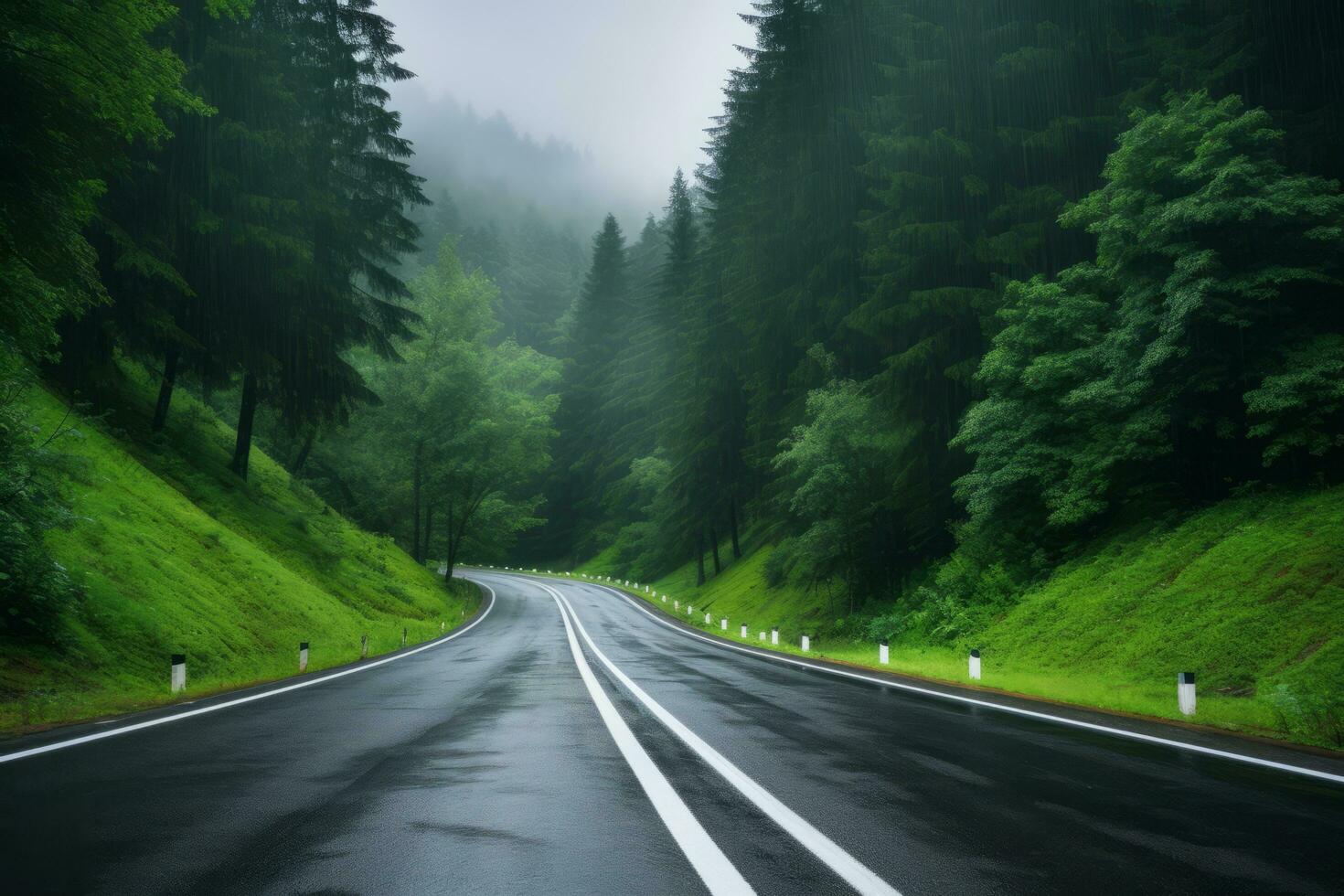 ai generado la carretera en brumoso bosque en lluvioso día en primavera hermosa montaña curvo calzada foto