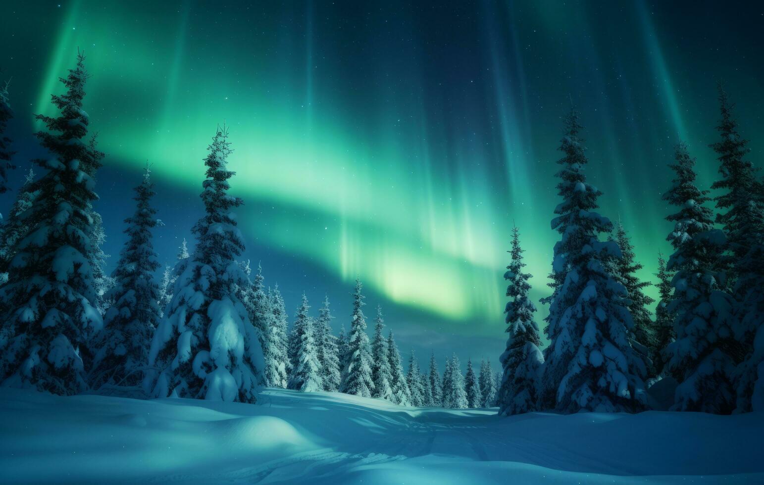 AI generated Aurora borealis in winter with a snow covered forest photo