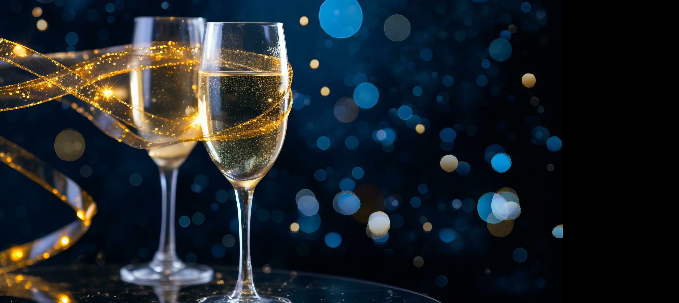 AI generated Close up of two glasses with bubbly champagne and gold ribbon on dark bokeh background photo