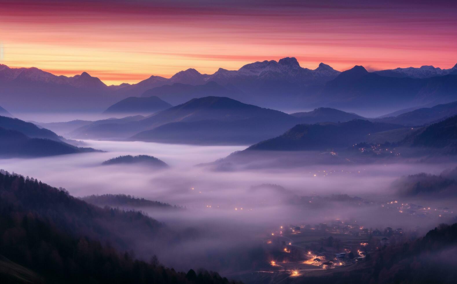 AI generated Mountains in fog at beautiful night in autumn in dolomites landscape with alpines photo