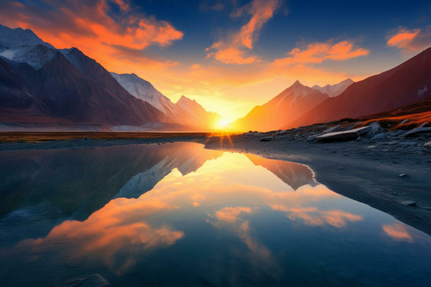 ai generado hermosa paisaje con alto montañas con iluminado picos piedras en lago reflexión foto