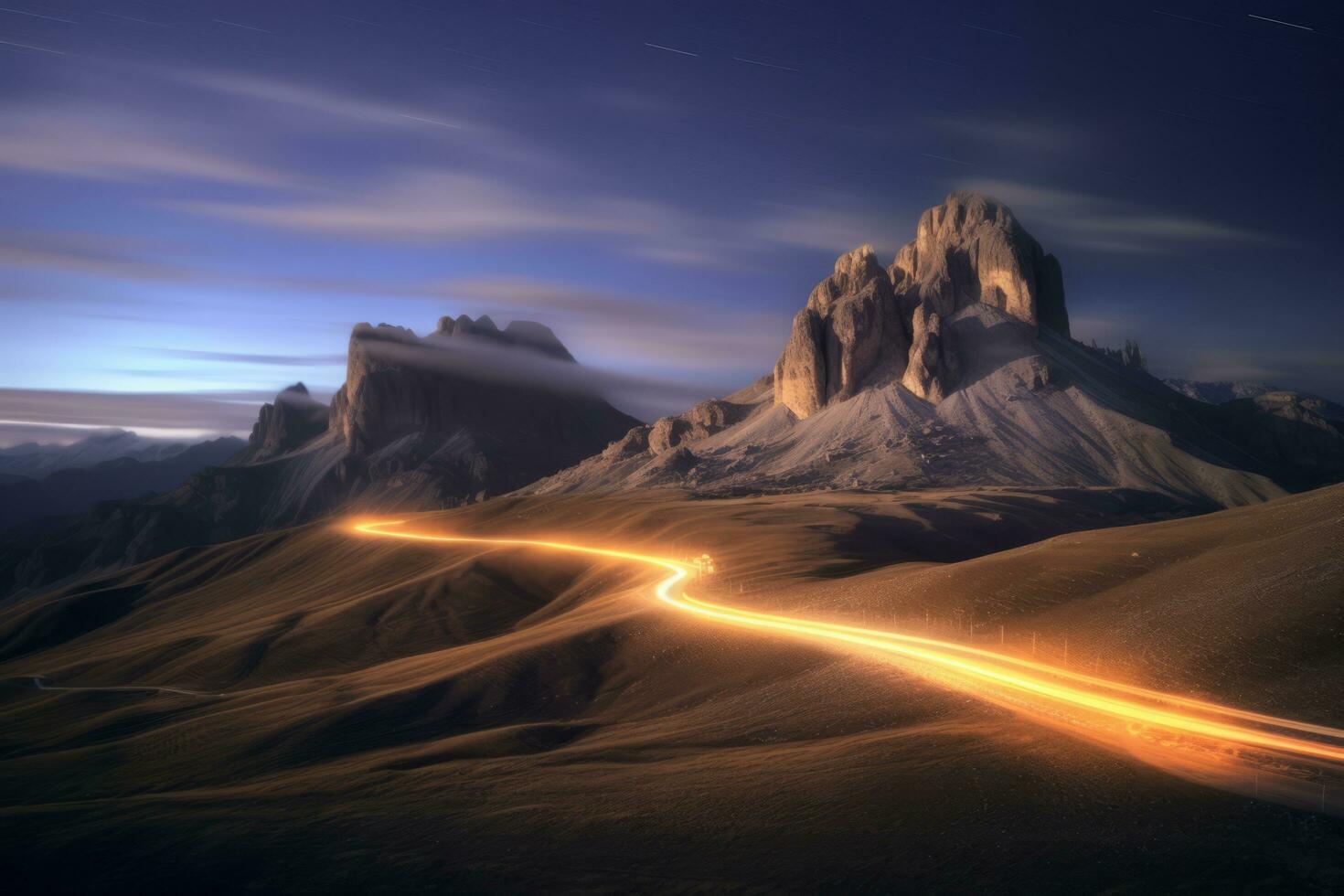 AI generated Light trails of car over the night mountain photo