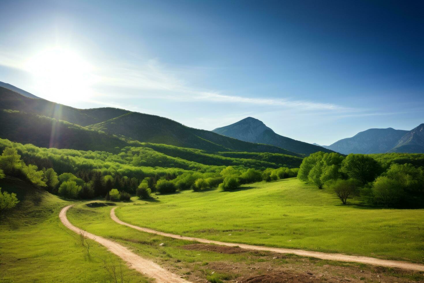 AI generated Dirt road lead to greeny mountain photo