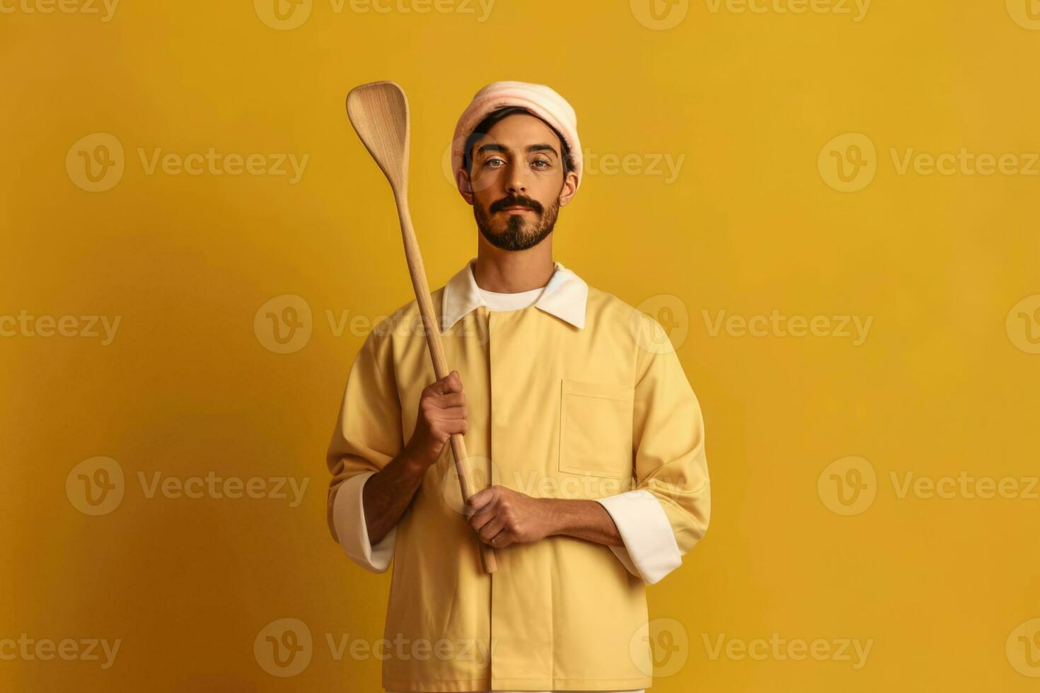 AI generated Mustached Bakers Assistant in Yellow Jacket photo