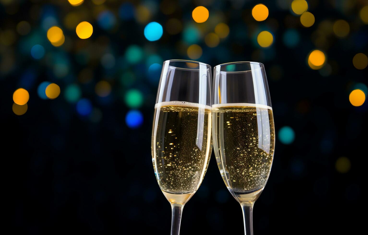 AI generated Close up of two glasses with bubbly champagne tilted to each other against a background of blurry photo