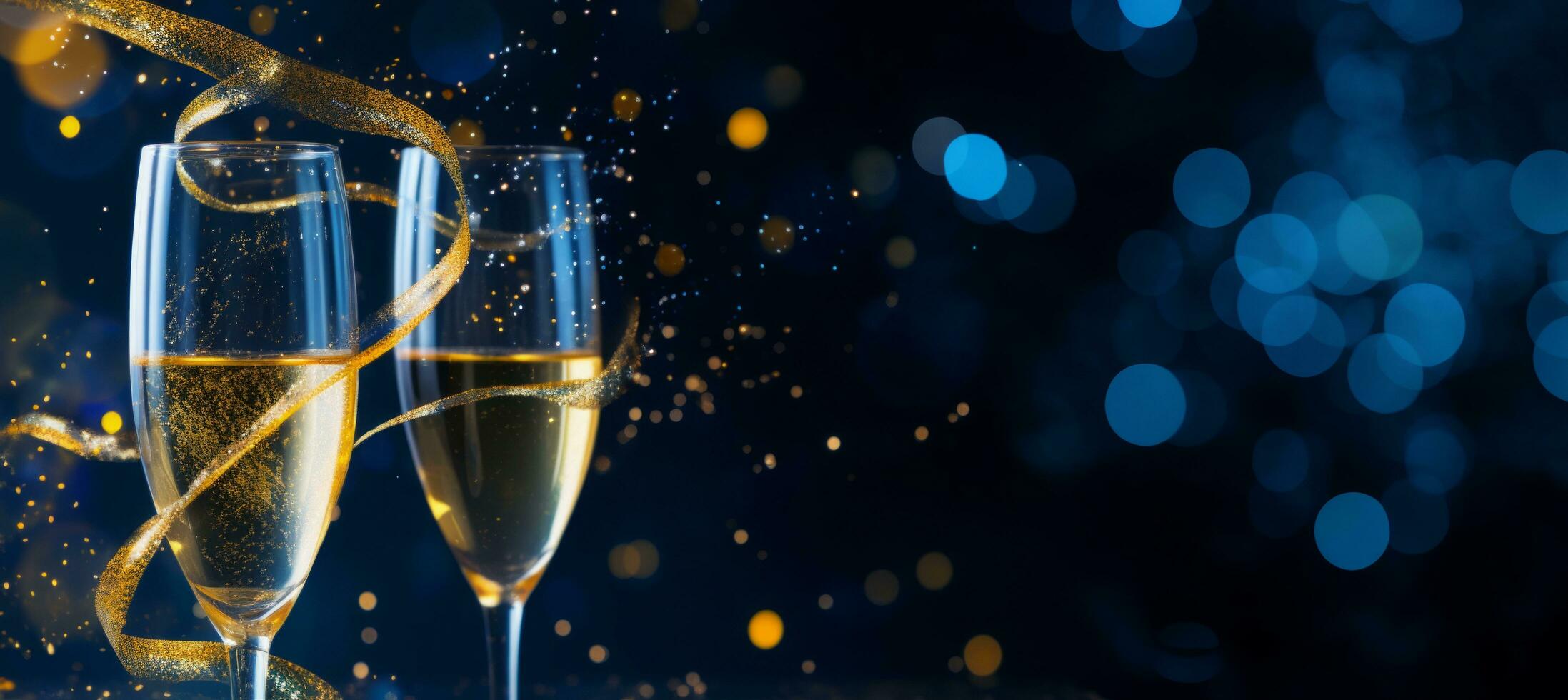 AI generated Close up of two glasses with bubbly champagne and gold ribbon on dark bokeh background photo