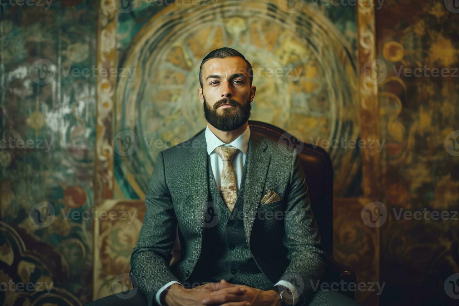 AI generated a man in a suit sitting in a chair, exuding a sense of confidence and professionalism. The man's attire includes a tie and a well-fitted suit, suggesting that he is attending a formal event or contributing to a sophisticated setting. photo