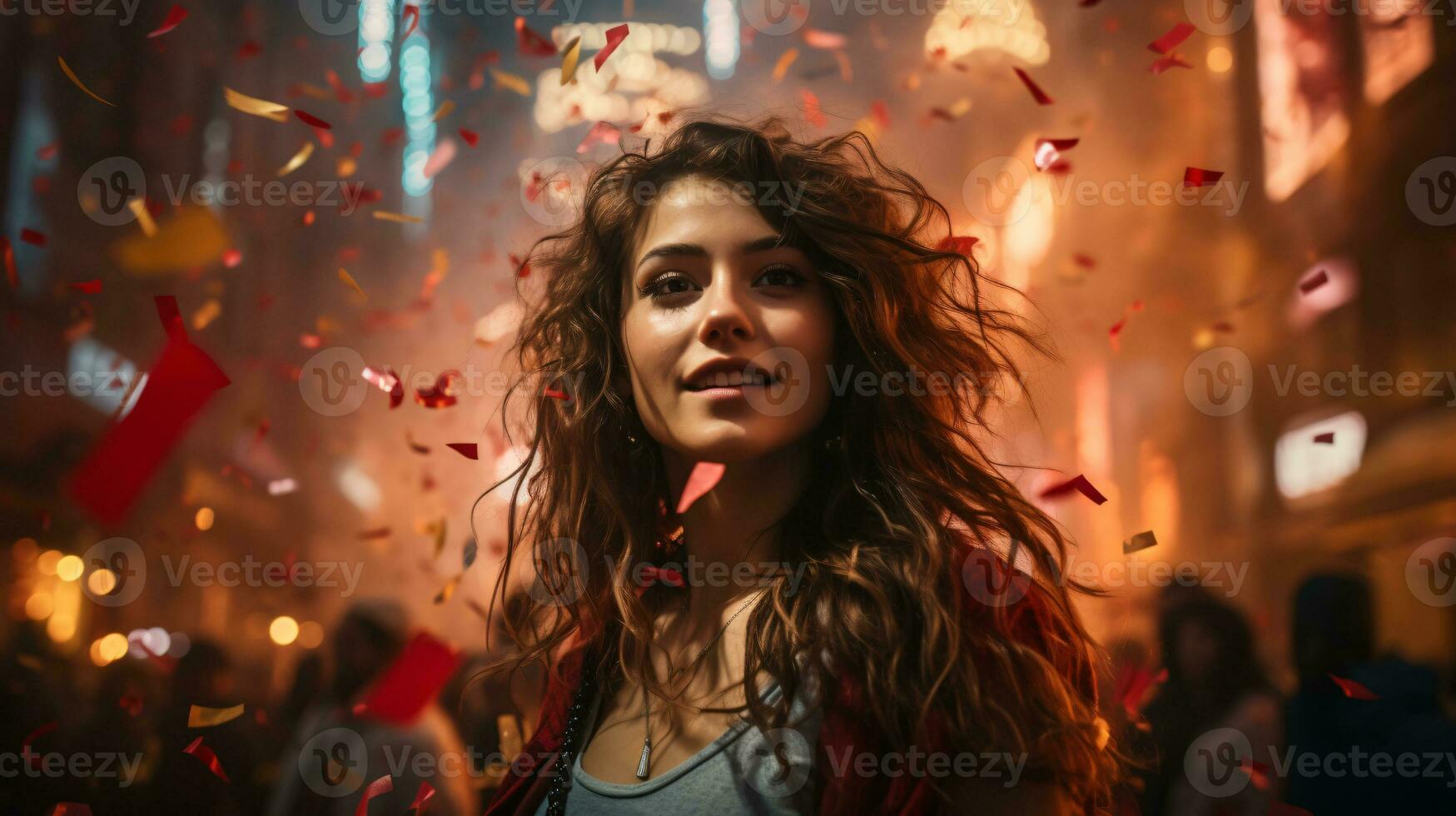 AI generated A girl immersed in the nightlife and festive atmosphere photo