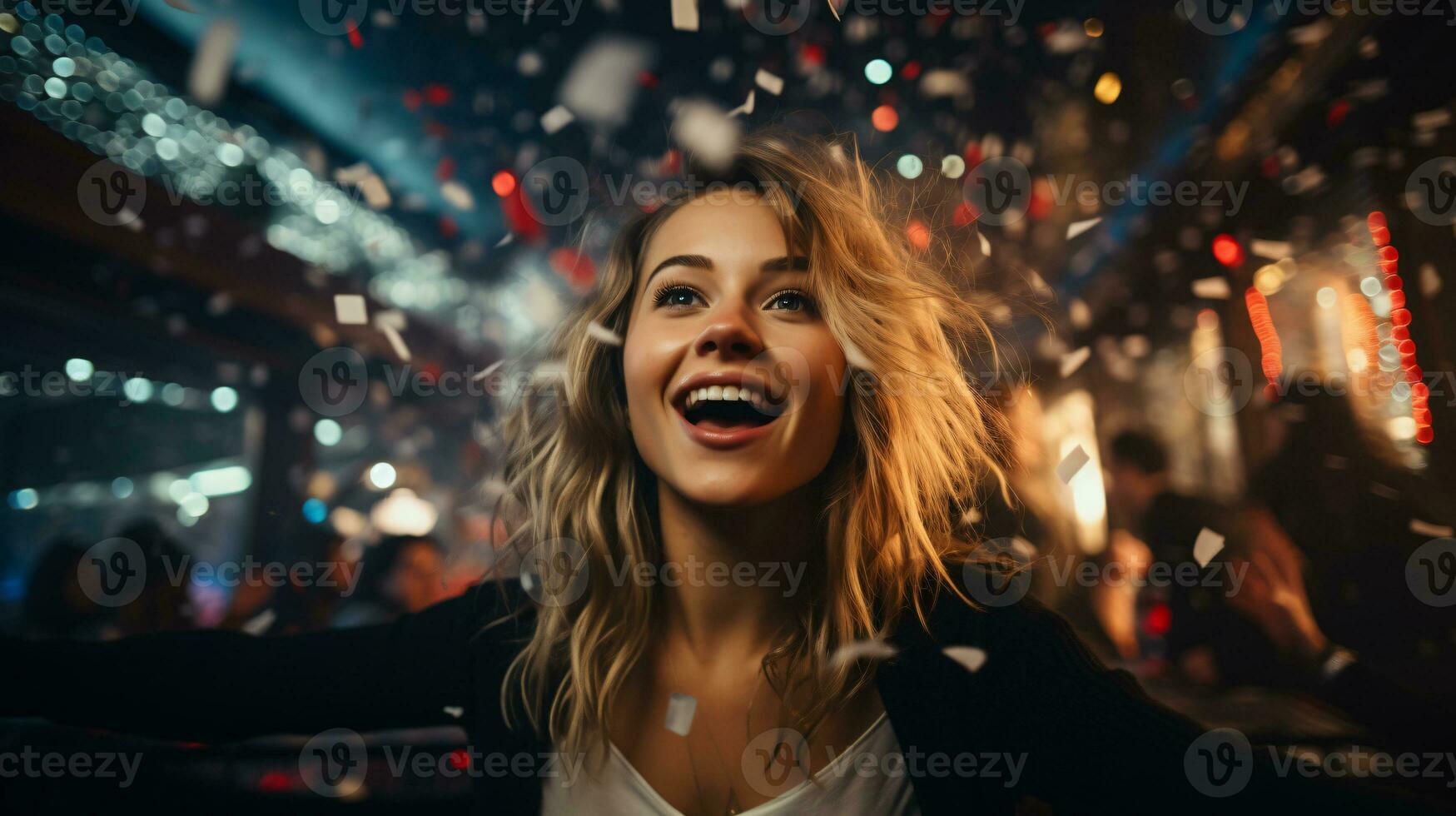 AI generated A girl immersed in the nightlife and festive atmosphere photo