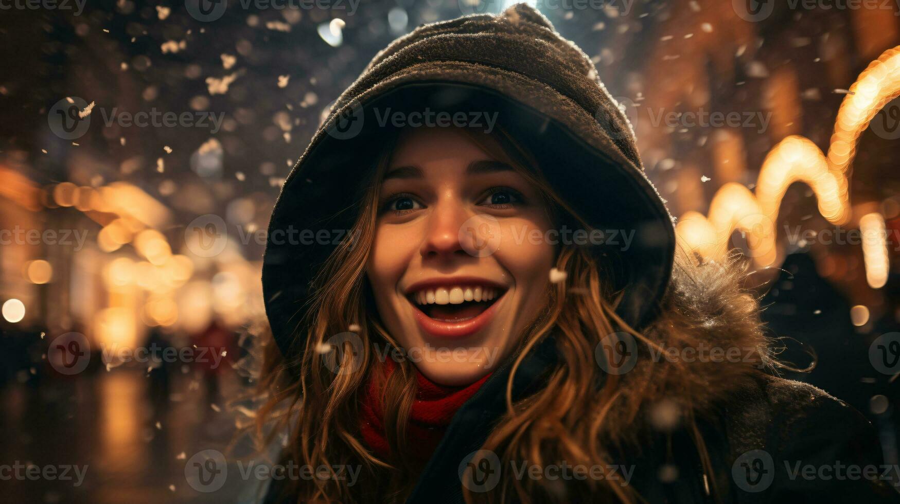 AI generated A girl immersed in the nightlife and festive atmosphere photo