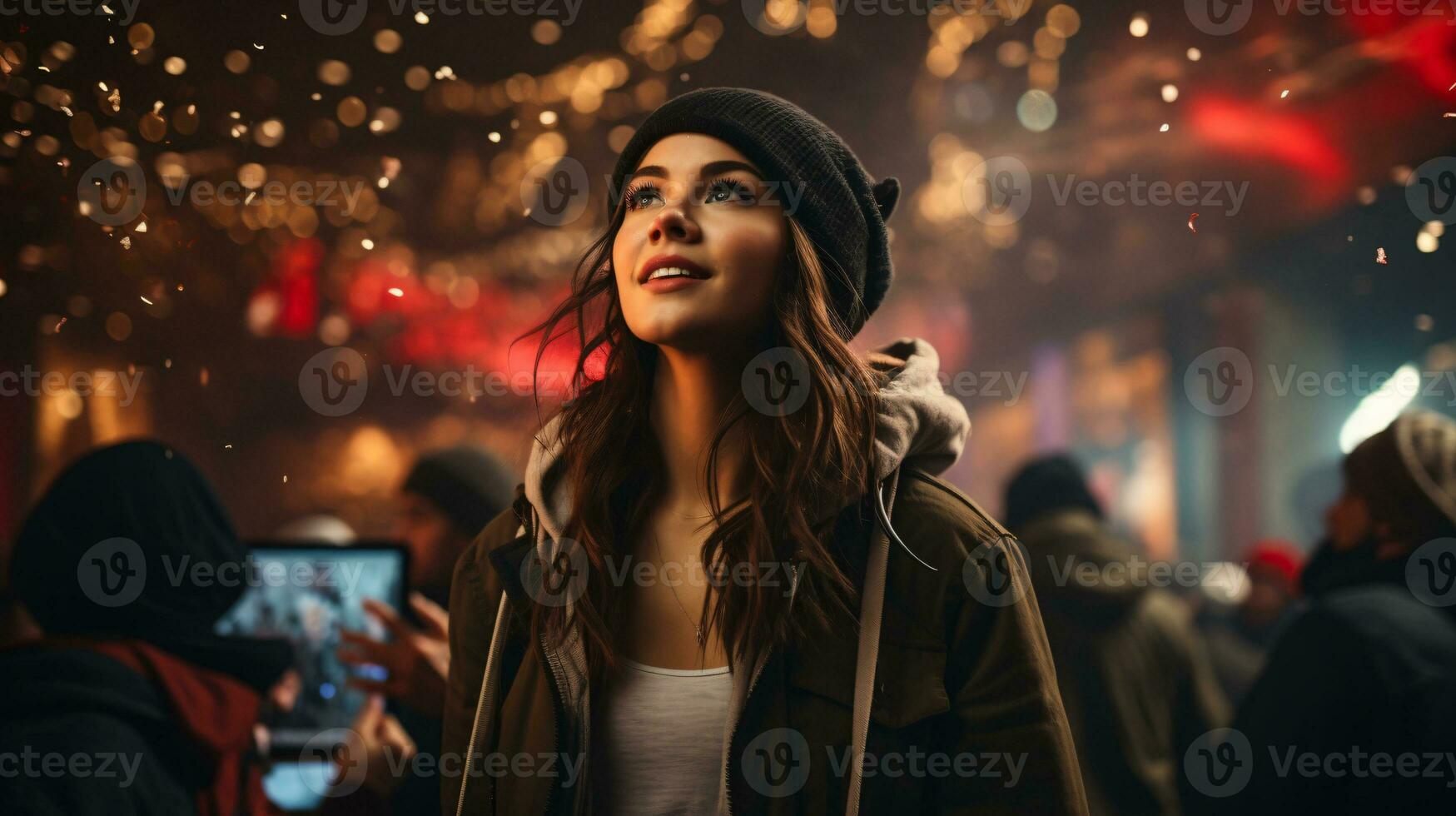 AI generated A girl immersed in the nightlife and festive atmosphere photo