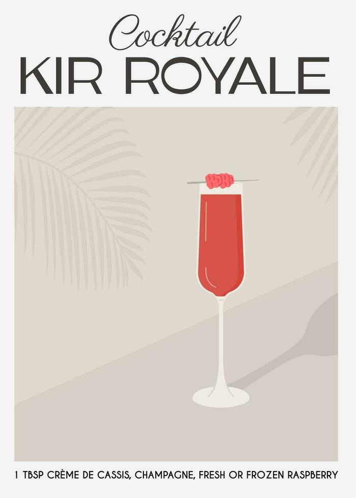 Kir Royale Cocktail with champagne in flute glass garnish with raspberry. Classic alcoholic beverage recipe modern print. Summer french aperitif. Contemporary poster for bar menu. Vector illustration.