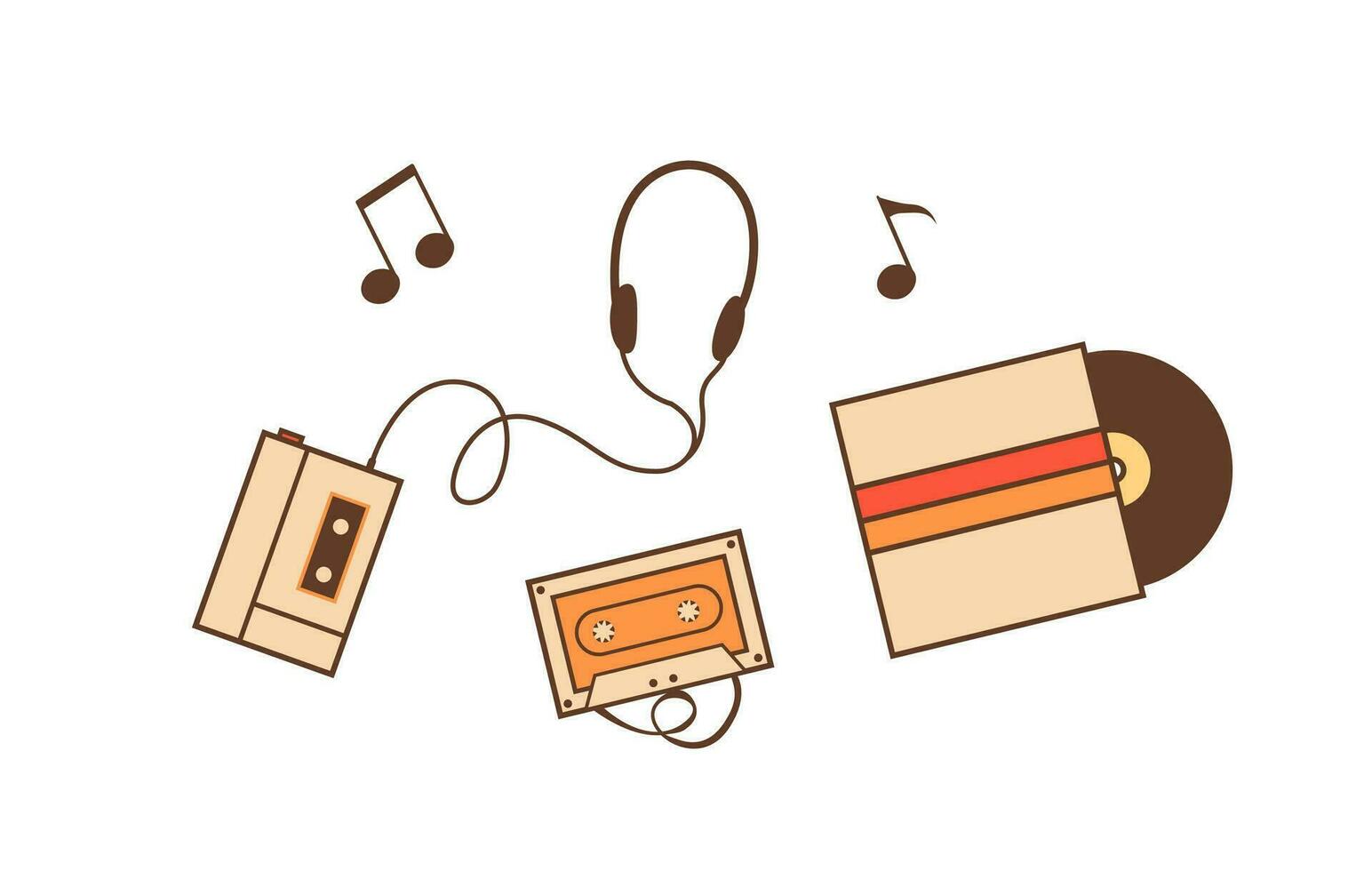 Set of outline icons with vintage records, musical devices and equipments for playing music from cassettes and vinyl plates. Retro cassette player with earphones. Vector illustration isolated on white