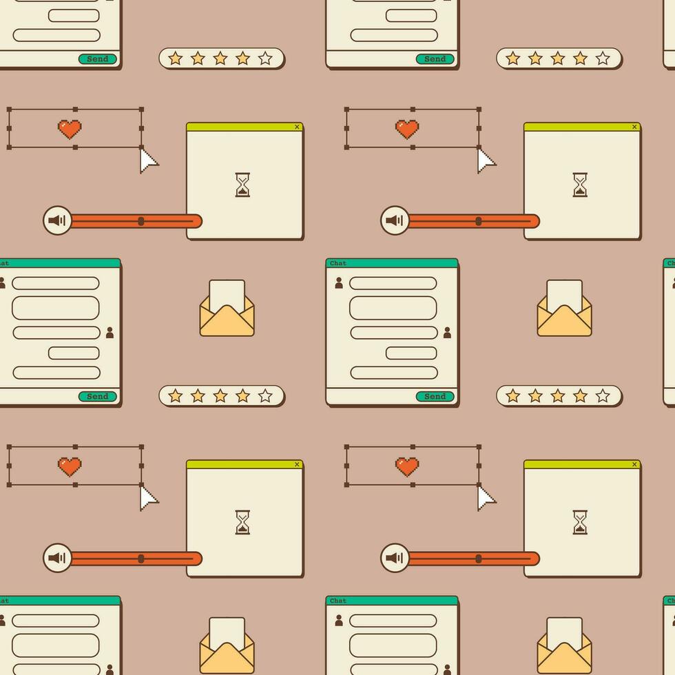 Old computer aesthetic seamless pattern. 1980s 1990s nostalgia background with retro screen panel with user interface elements. Chat window with buttons, dialog box and mail icon. Vector illustration.