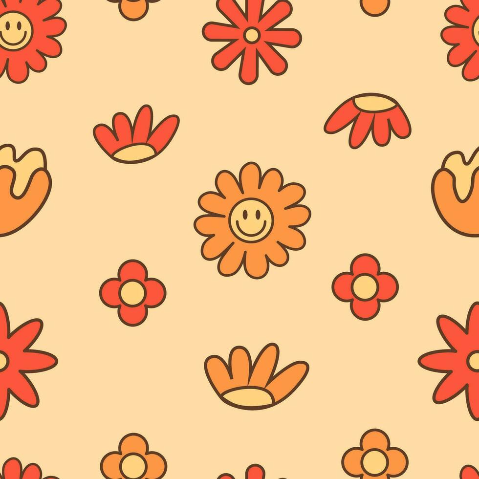 70s inspired floral seamless pattern. Various daisy spring and summer flowers. Botanical retro vintage style yellow background. Vector illustration in flat style.
