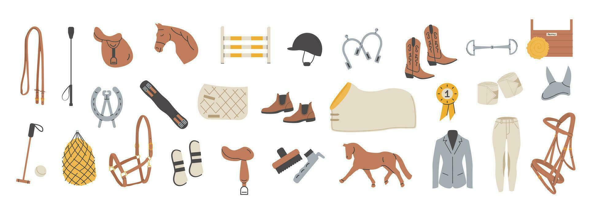 Horse riding colored flat icons vector set. Equestrian equipment illustrations in trendy modern hand drawn style. Equine sports signs. Dressage, show jumps elements. Horse stable tack.