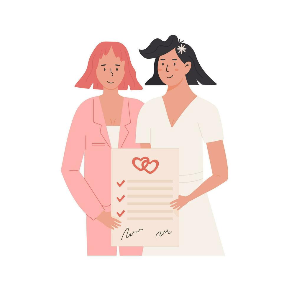 A cute female couple holding signed marriage certificate. Married lesbian women with prenup document. Newlywed LGBTQ brides or wifes. Romantic same sex marriage of love partners. Vector illustration.