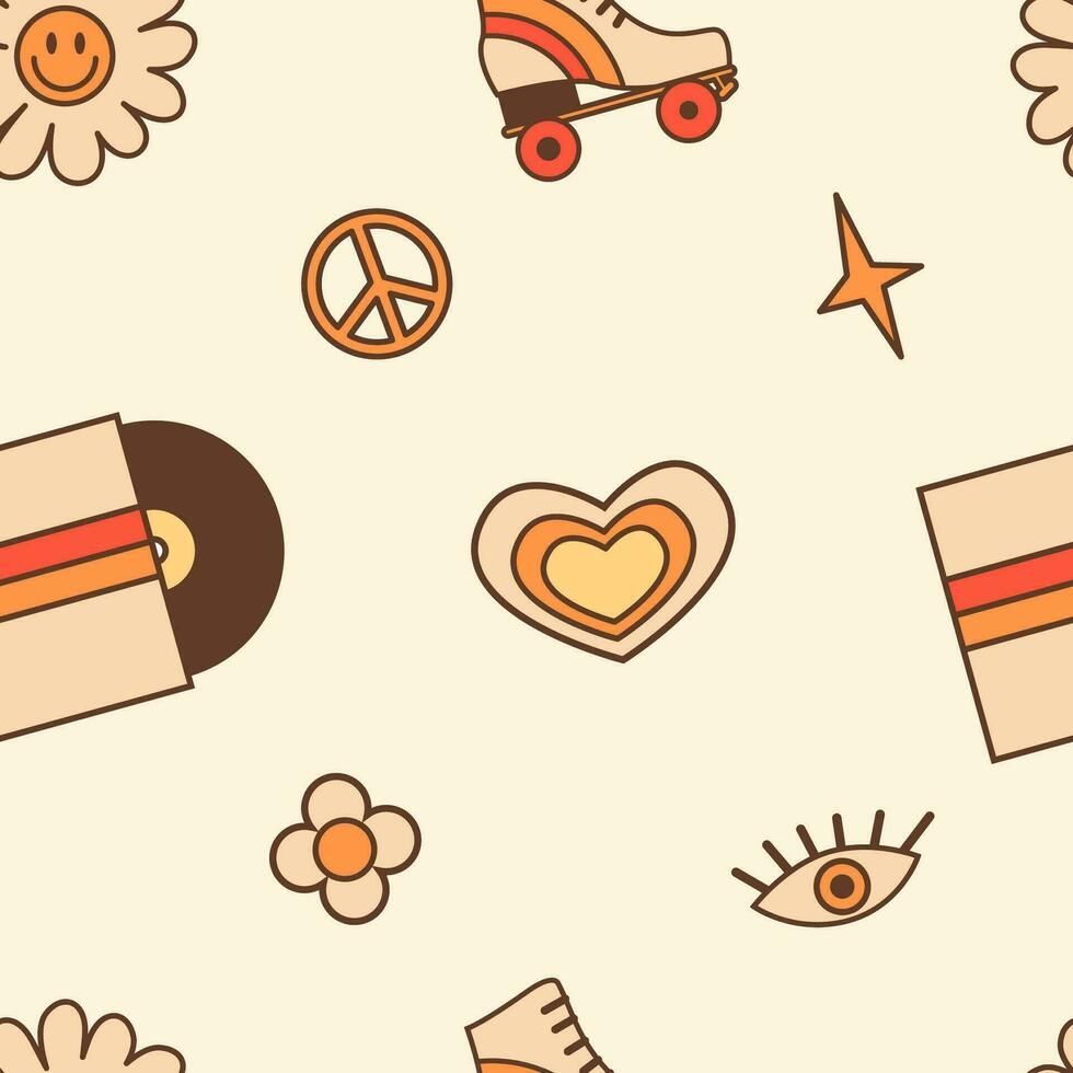 Retro seamless pattern with retro analog vinyl record, roller skate, peace sign, heart and smiling flower. Vintage background with 70s 80s nostalgia comic style elements. Vector illustration.