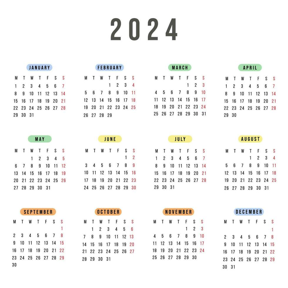 Inglés calendario 2024 año. vector cuadrado papelería calendario semana empieza lunes. anual organizador. sencillo calendario modelo en mínimo diseño. negocio ilustración.