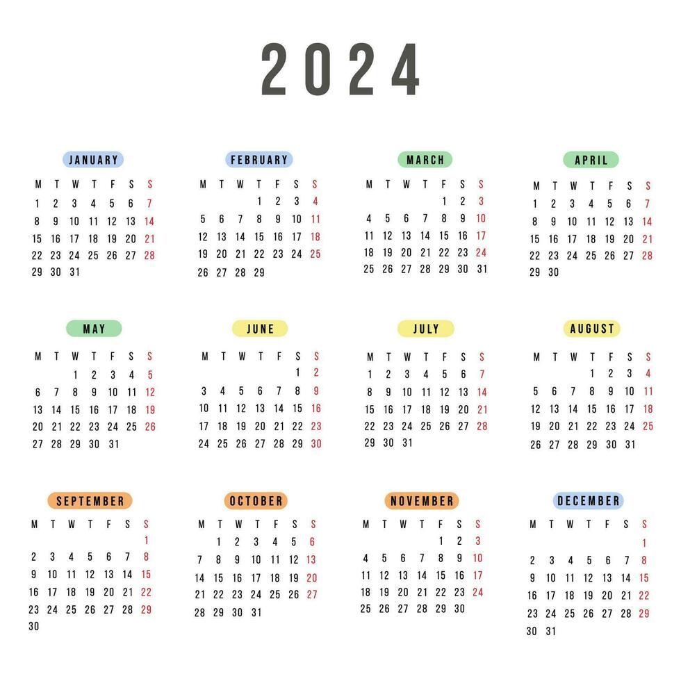 English calendar 2024 year. Vector square stationery calendar week starts Monday. Yearly organizer. Simple calendar template in minimal design. Business illustration.
