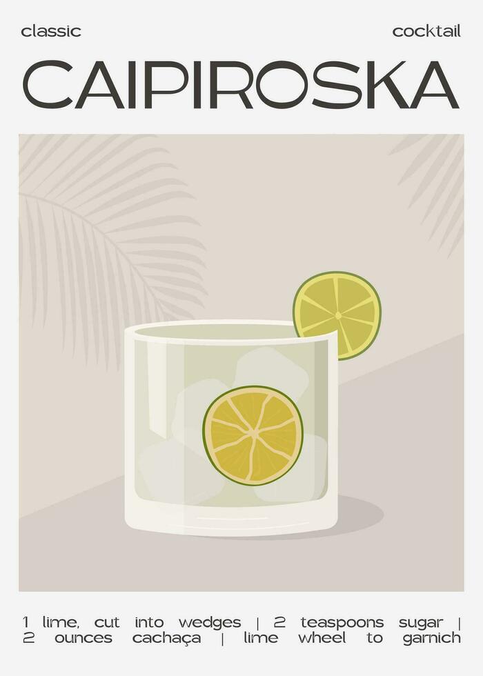 caipiroska cóctel adornado con rebanada de Lima. verano aperitivo de moda póster. minimalista impresión con alcohólico bebida en antecedentes con palma sombra. vector plano ilustración.