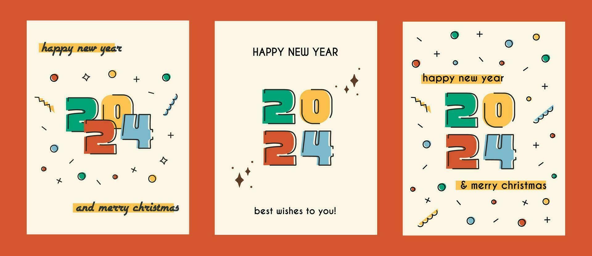 Set of 2024 Happy New Year posters and Merry Christmas flyers. Banner with colorful numbers and abstract geometric pattern. Celebration and holiday event in retro style. Vector illustration.